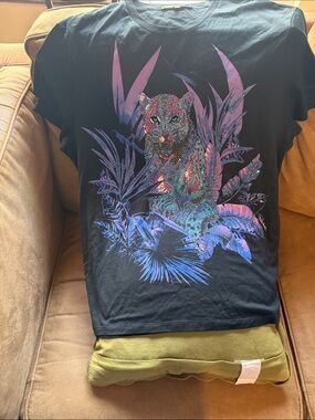 Roberto Cavalli Black Tee with Iridescent Jungle Leopard Graphic